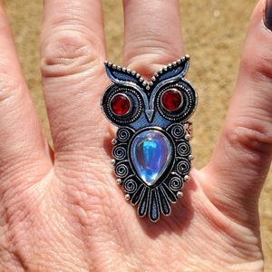 New Garnet & Mercury Mystic Topaz Mystical Owl 925 Silver Ring.